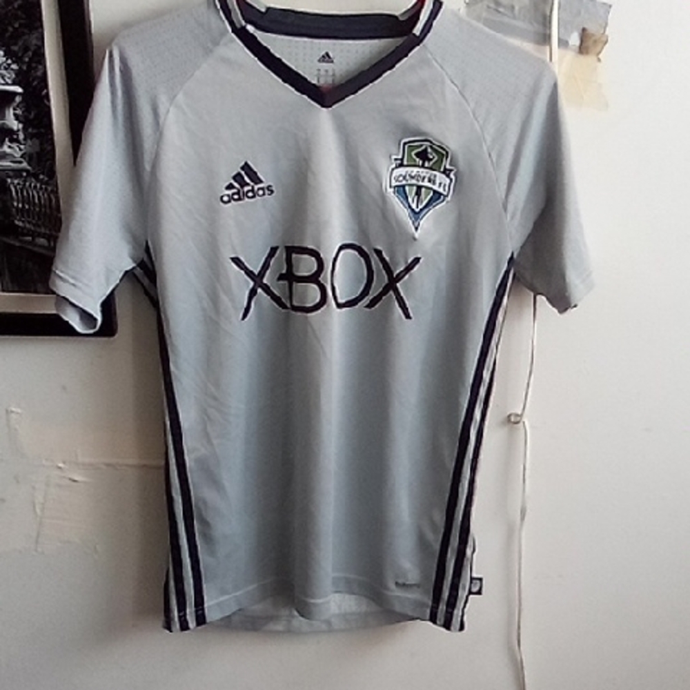Adidas Light Gray Soccer Jersey with Navy Accents Size Small